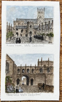 Miniature Watercolor of Wells Cathedral Chain Gate and Vicars Close Somerset