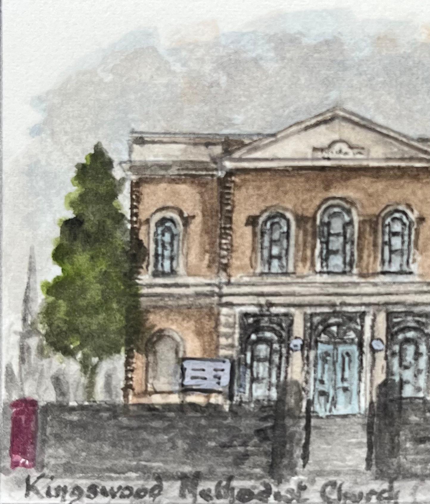 Miniatur-Aquarell der Kingswood Methodist Church's in Bristol (Grau), Landscape Painting, von Jack Grunwell