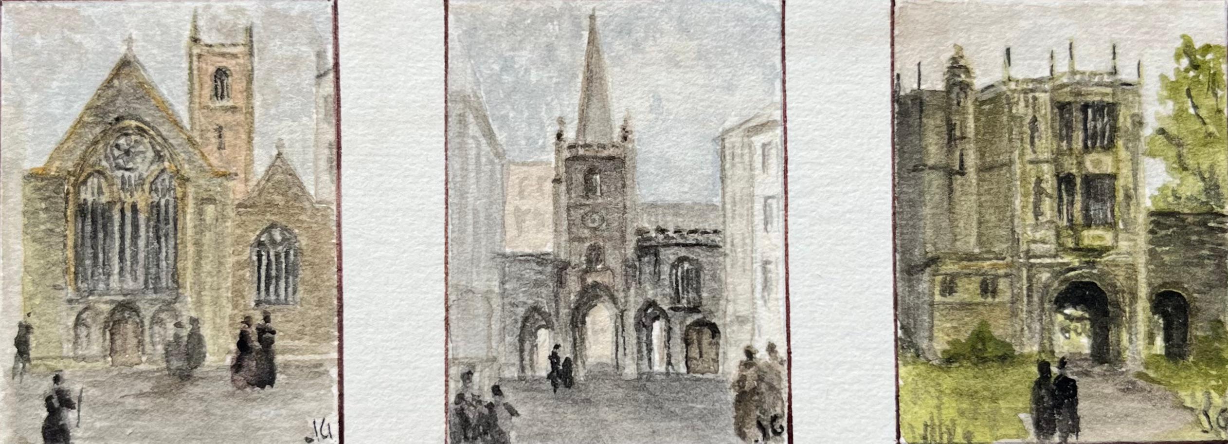 Jack Grunwell Landscape Art - Miniature Watercolor Triptych of Historic English Churches and Gatehouses