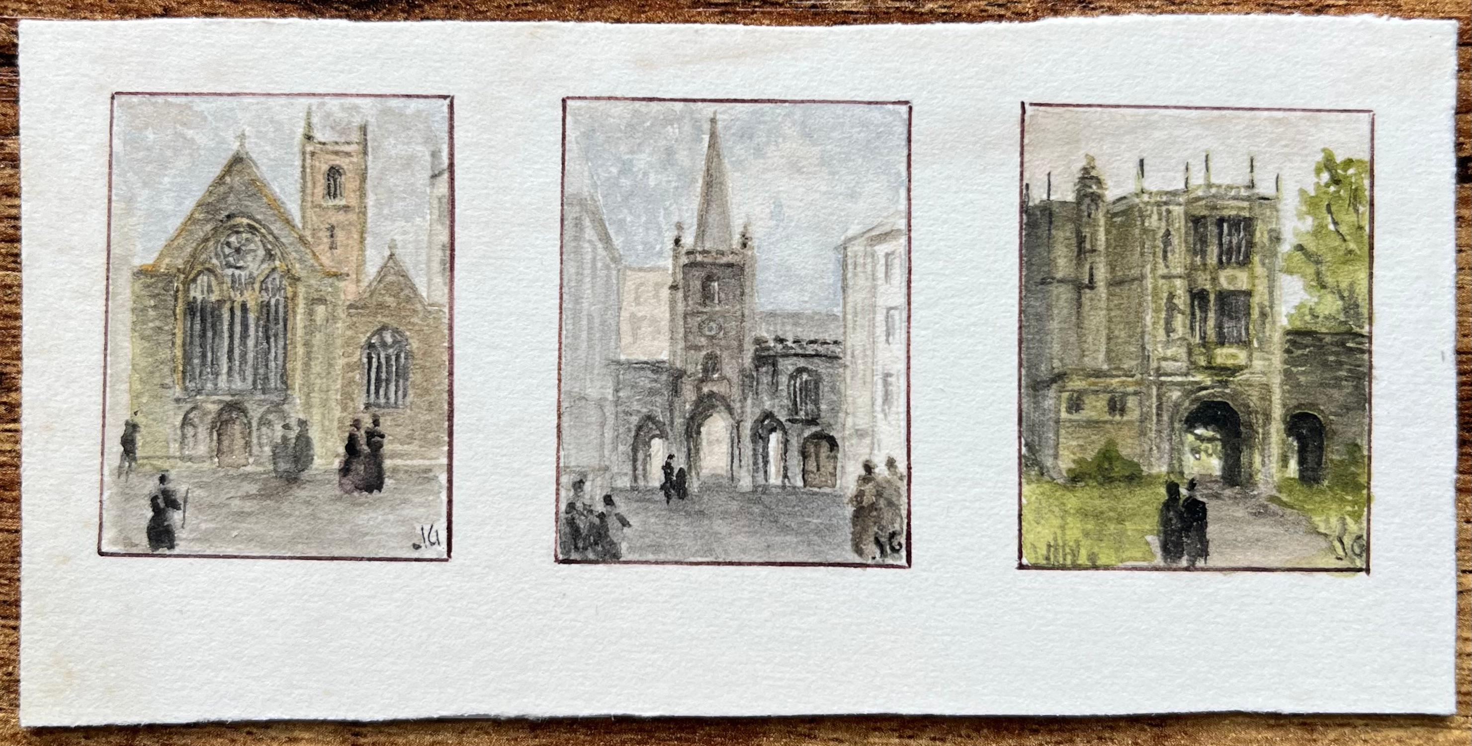 Miniature Watercolor Triptych of Historic English Churches and Gatehouses - Art by Jack Grunwell
