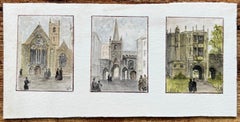 Miniature Watercolor Triptych of Historic English Churches and Gatehouses