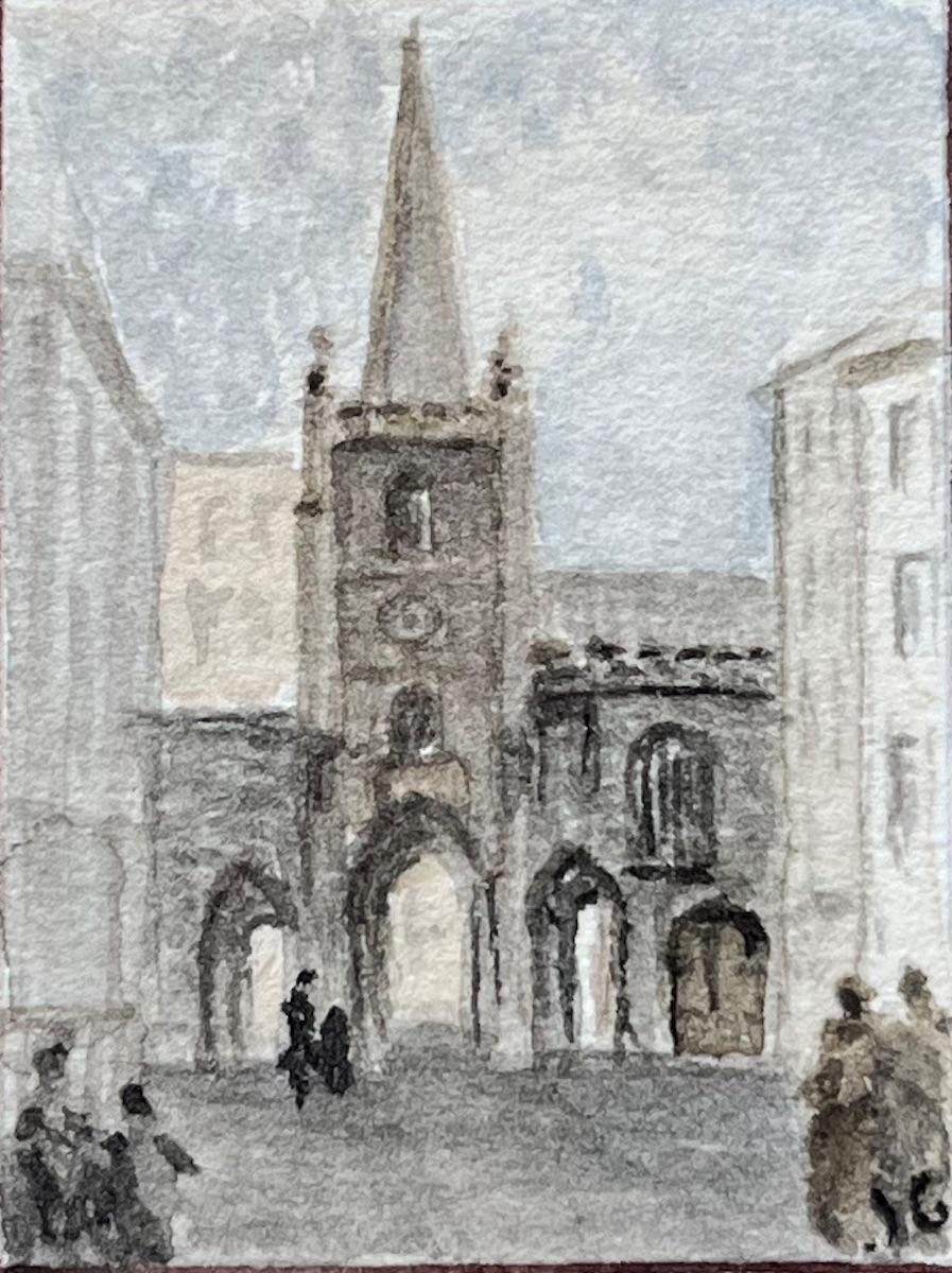 Miniature Watercolor Triptych of Historic English Churches and Gatehouses - Gray Landscape Art by Jack Grunwell