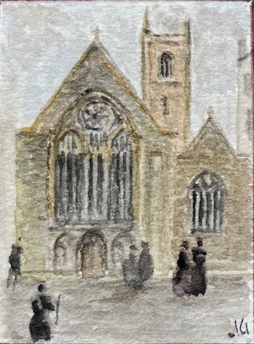 Miniature Watercolor Triptych of Historic English Churches and Gatehouses - English School Art by Jack Grunwell
