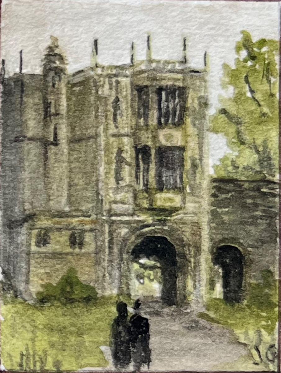 Title: Miniature Watercolor Triptych of Historic English Churches and Gatehouses
by Jack Grunwell, 20th century British artist 
Medium: Watercolor on thin card, unframed
Measurements: 2.5 inches (height) x 4.75 inches (width)
Condition: Very good