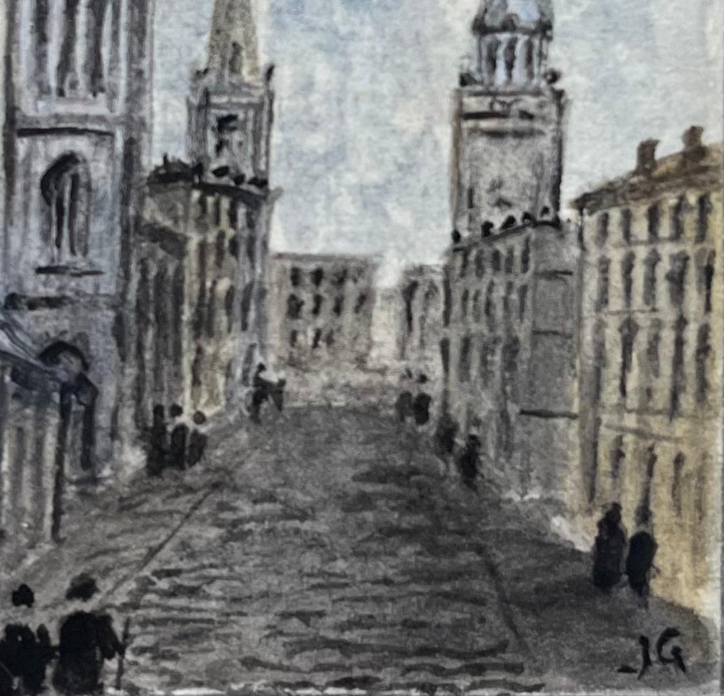 Acquerello storico in miniatura di St Werburghs e Corn Street Bristol 1870 - Landscape Painting Grigio di Jack Grunwell
