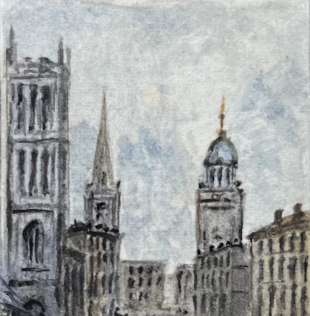 Acquerello storico in miniatura di St Werburghs e Corn Street Bristol 1870 - Painting Scuola inglese di Jack Grunwell