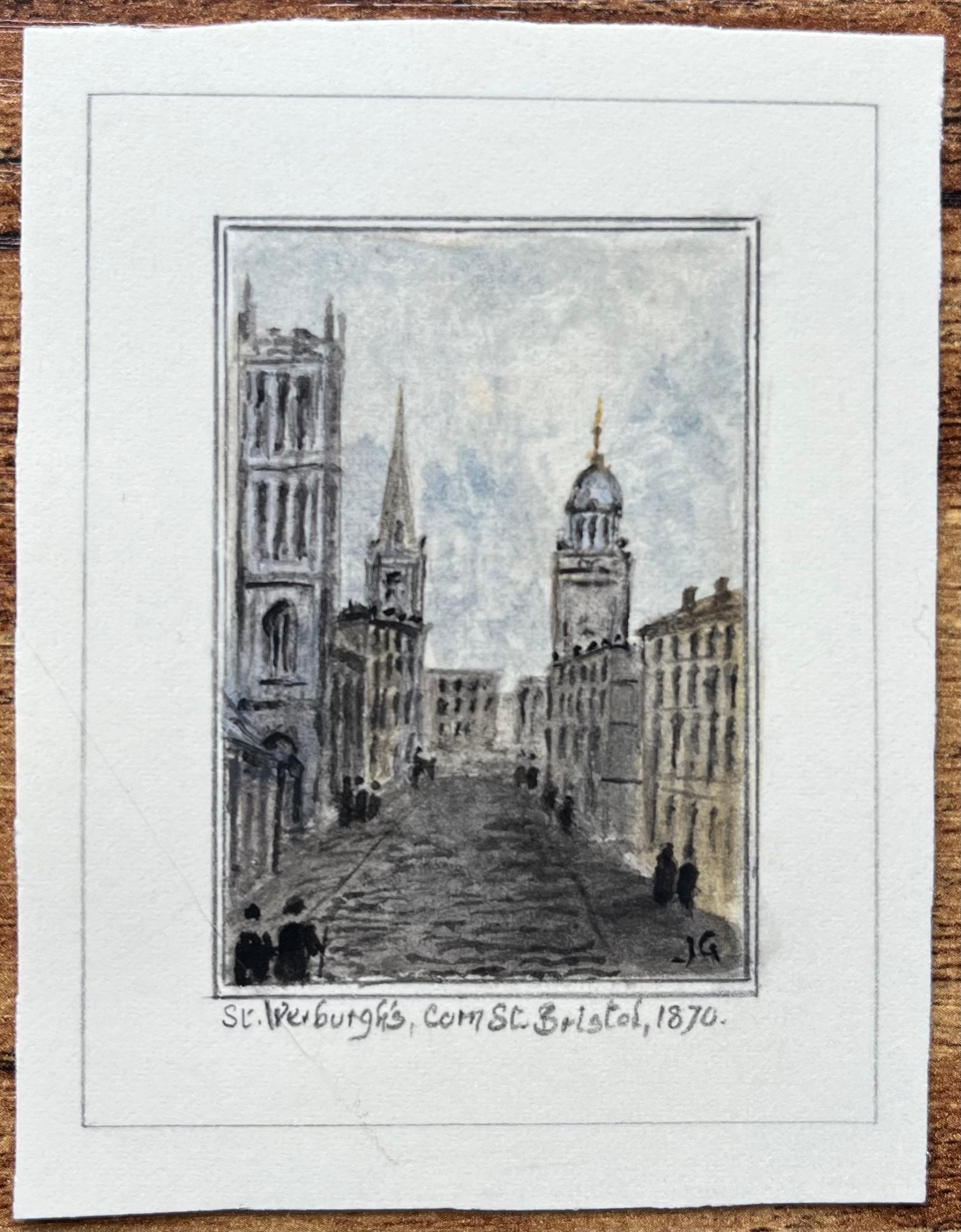 Acquerello storico in miniatura di St Werburghs e Corn Street Bristol 1870 - Painting di Jack Grunwell