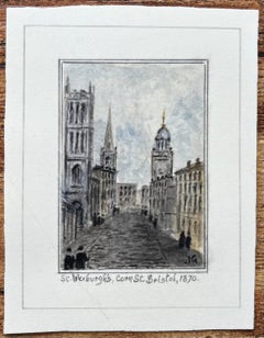 Acquerello storico in miniatura di St Werburghs e Corn Street Bristol 1870