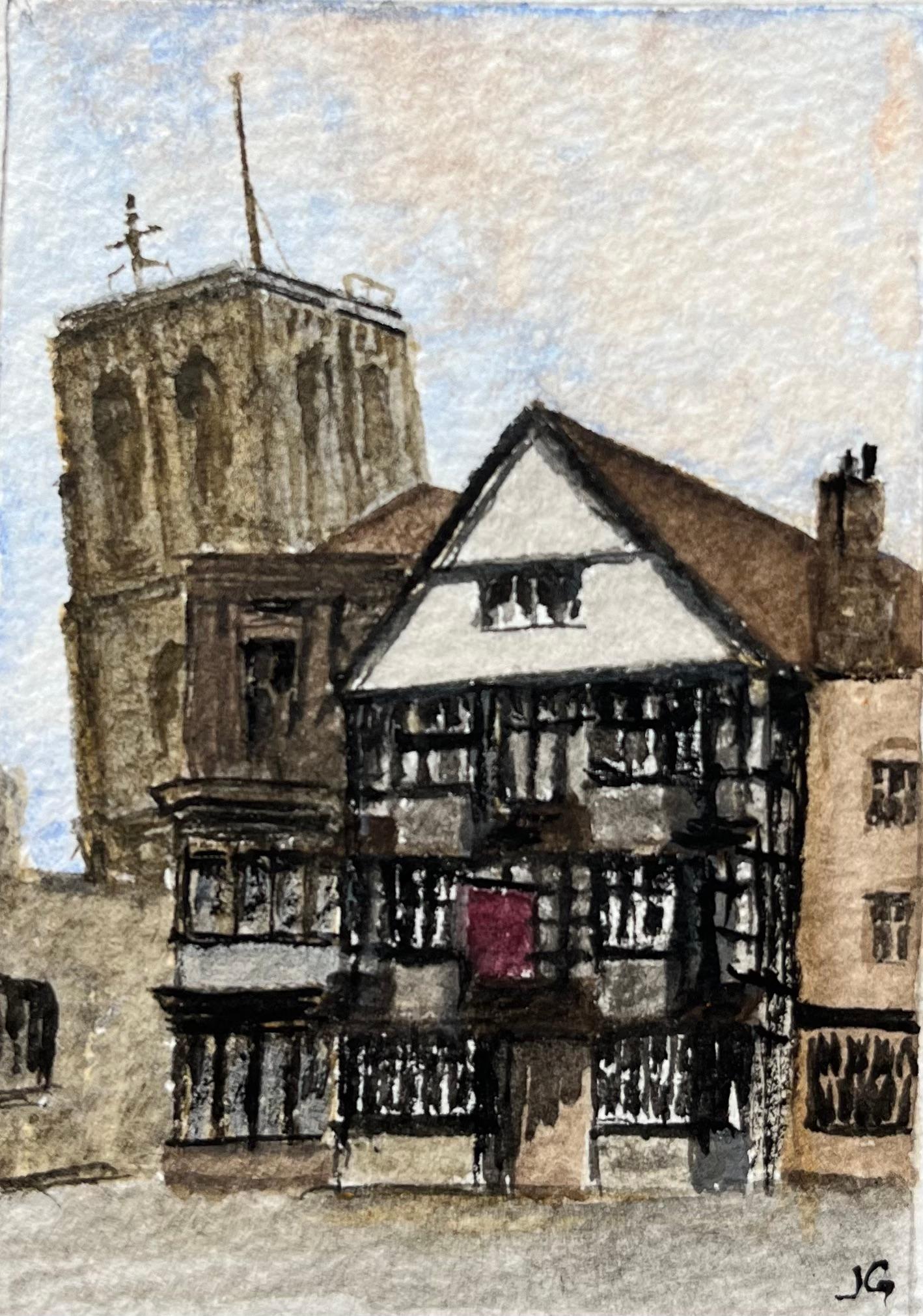 Jack Grunwell Landscape Painting - Historic Miniature Watercolor of Temple Church and Shakespeare Inn in Bristol