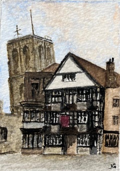 Acuarela histórica en miniatura de la Iglesia del Temple y la Posada de Shakespeare en Bristol