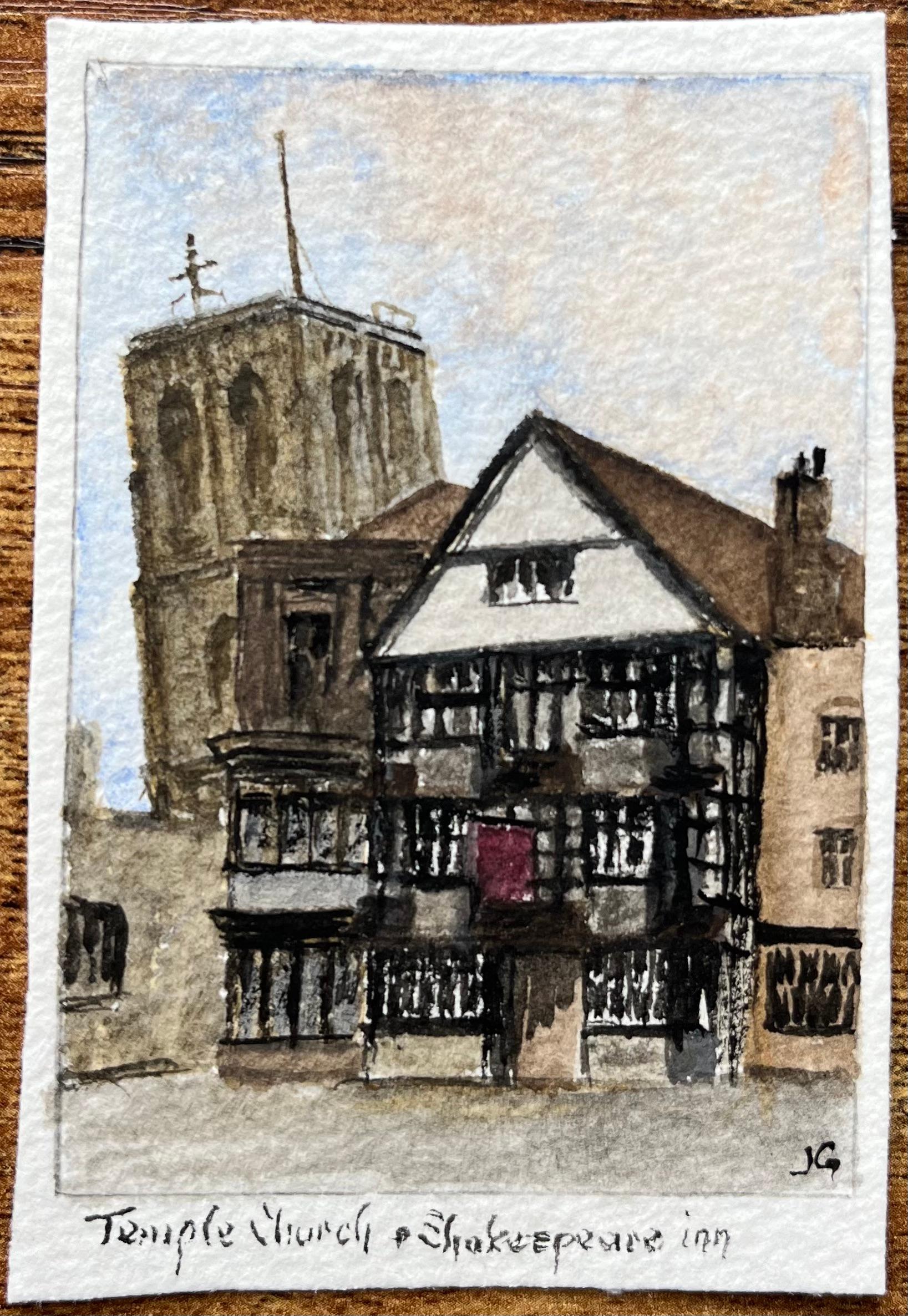 Historic Miniature Watercolor of Temple Church and Shakespeare Inn in Bristol - Painting by Jack Grunwell