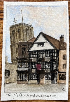 Historic Miniature Watercolor of Temple Church and Shakespeare Inn in Bristol