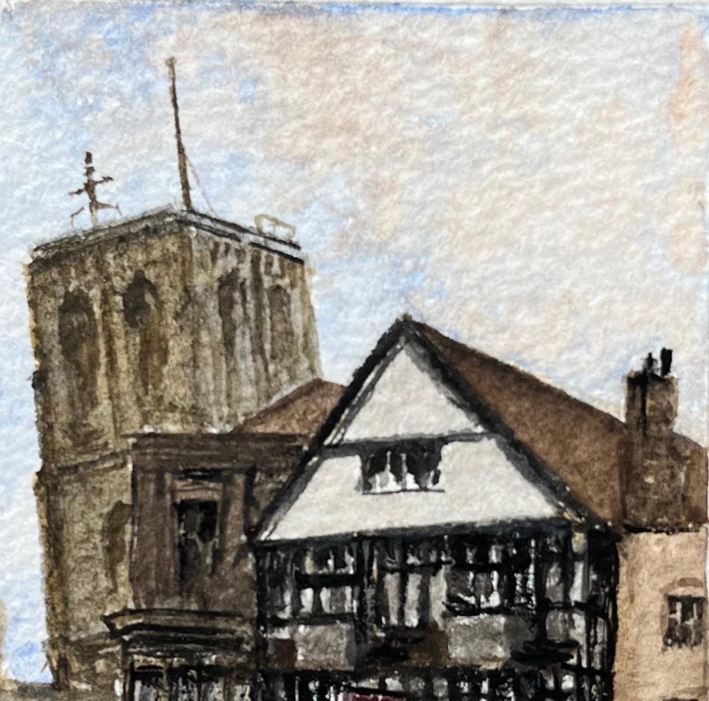 Historic Miniature Watercolor of Temple Church and Shakespeare Inn in Bristol - Gray Landscape Painting by Jack Grunwell