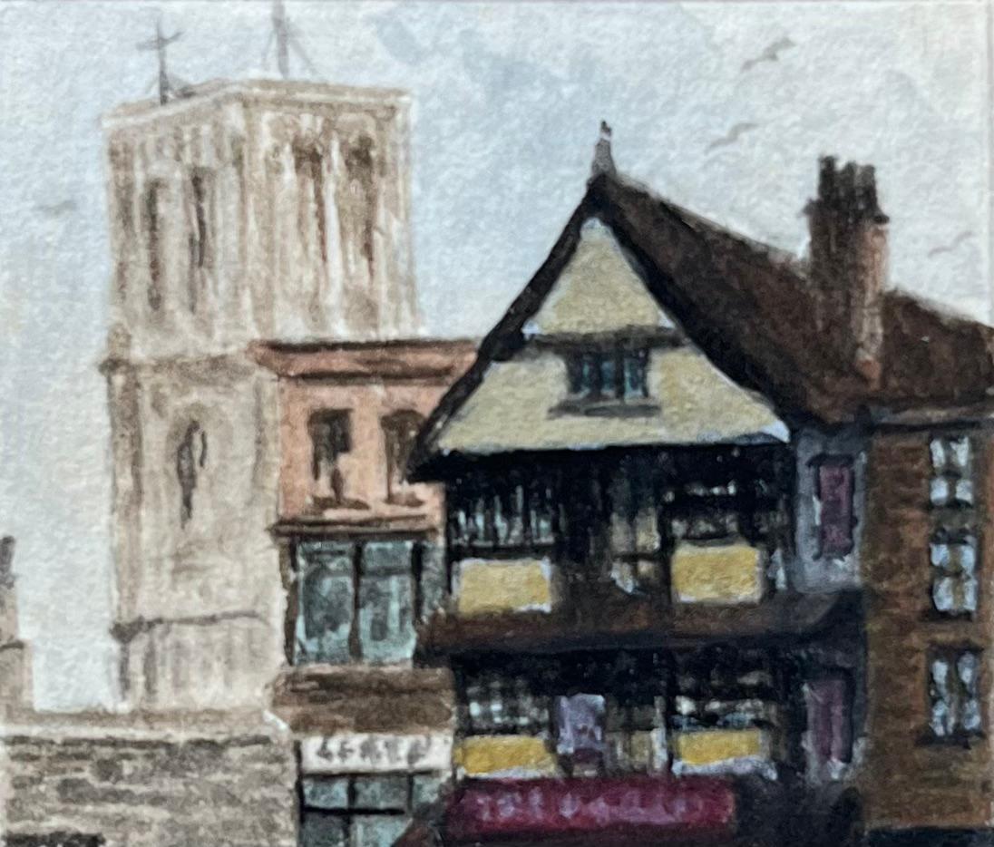 Shakespeare Inn and Temple Church Bristol Historical Street Scene - Gray Landscape Painting by Jack Grunwell