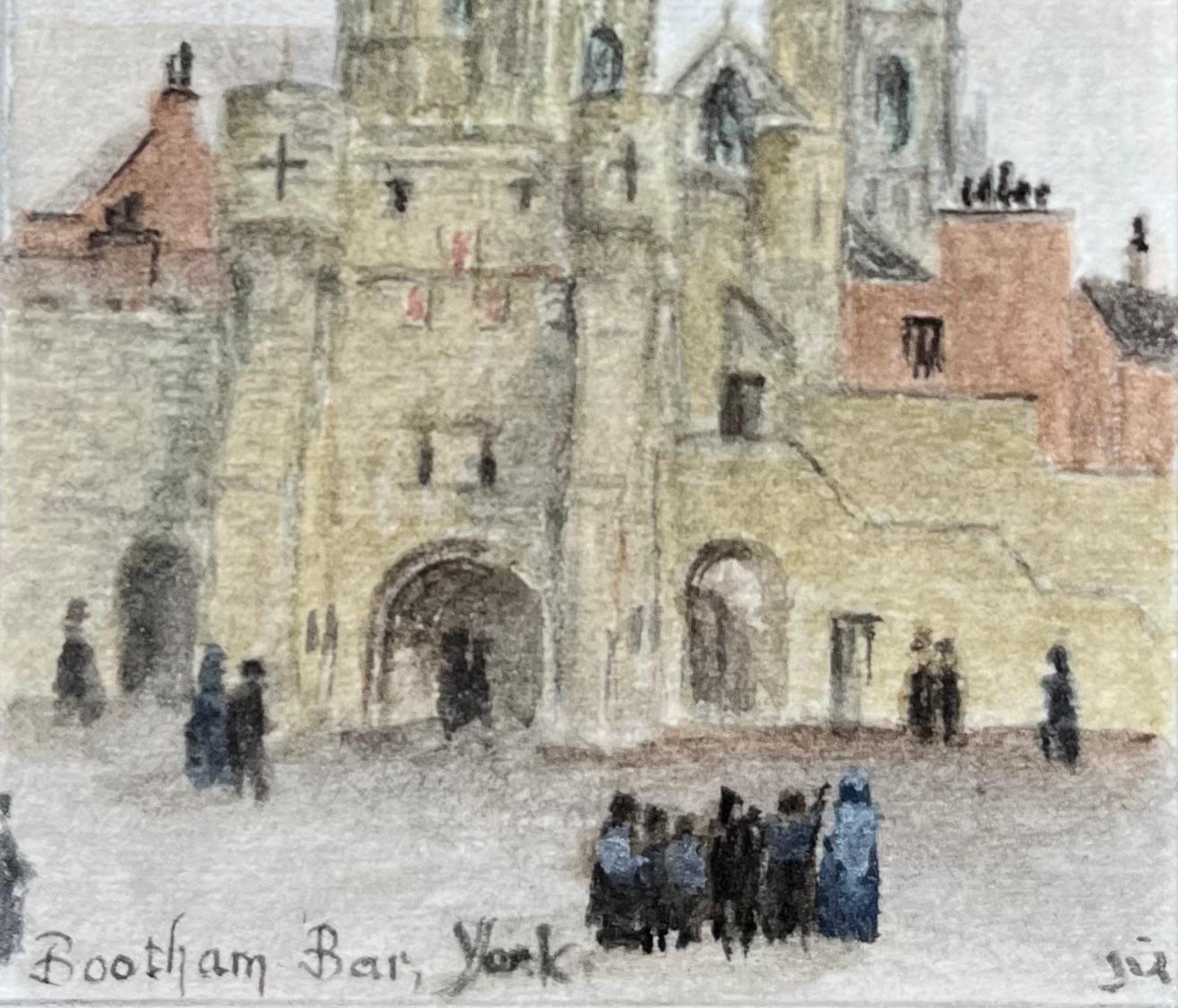 Aquarelle miniature historique de Bootham Bar et York Minster à York - École anglaise Art par Jack Grunwell