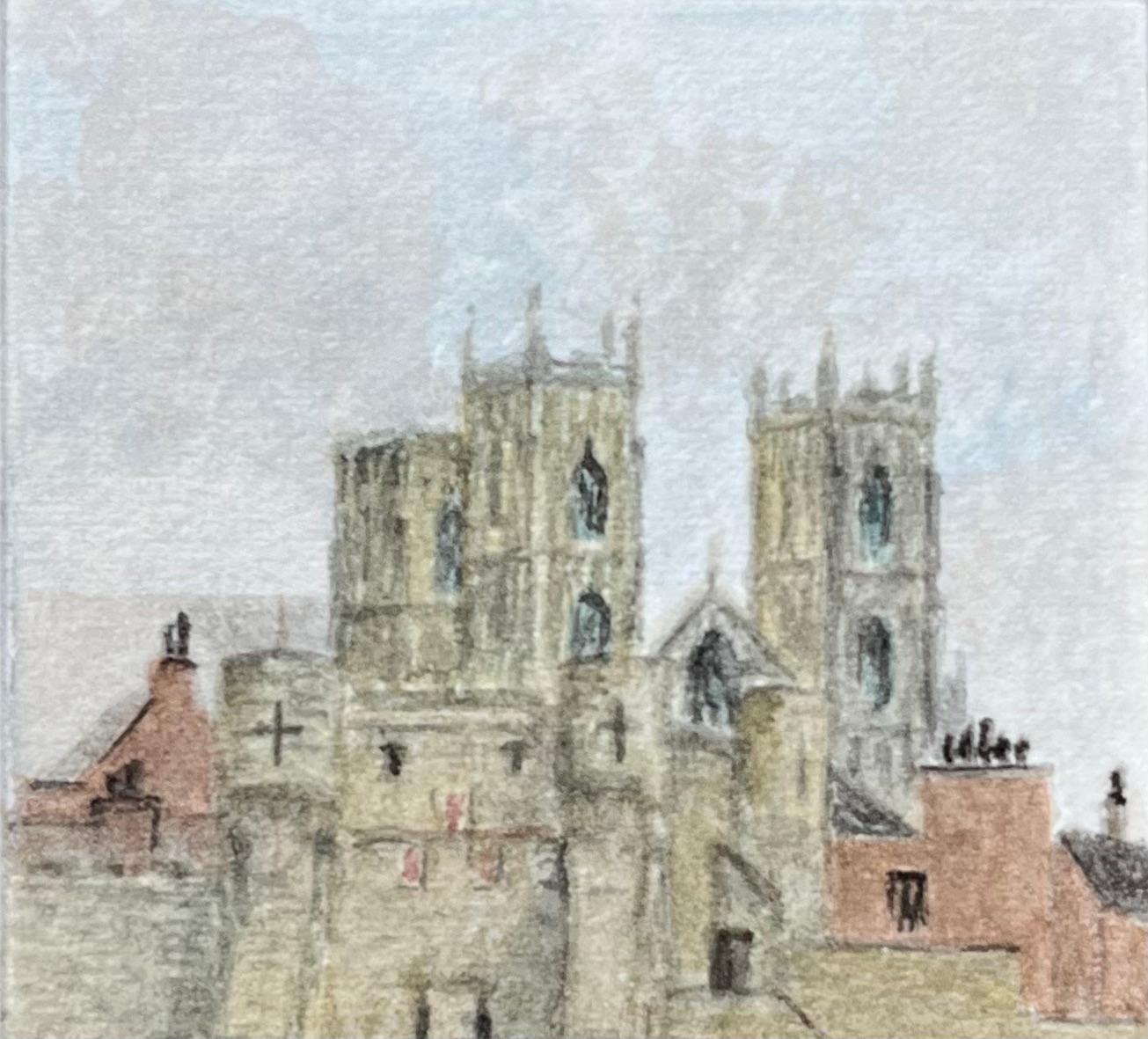 Aquarelle miniature historique de Bootham Bar et York Minster à York - Gris Landscape Art par Jack Grunwell