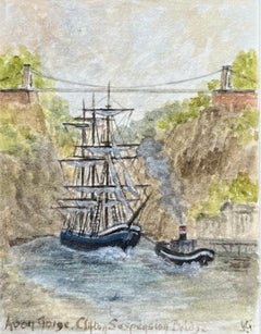 Miniature Watercolor of Avon Gorge with Clifton Suspension Bridge and Ship
