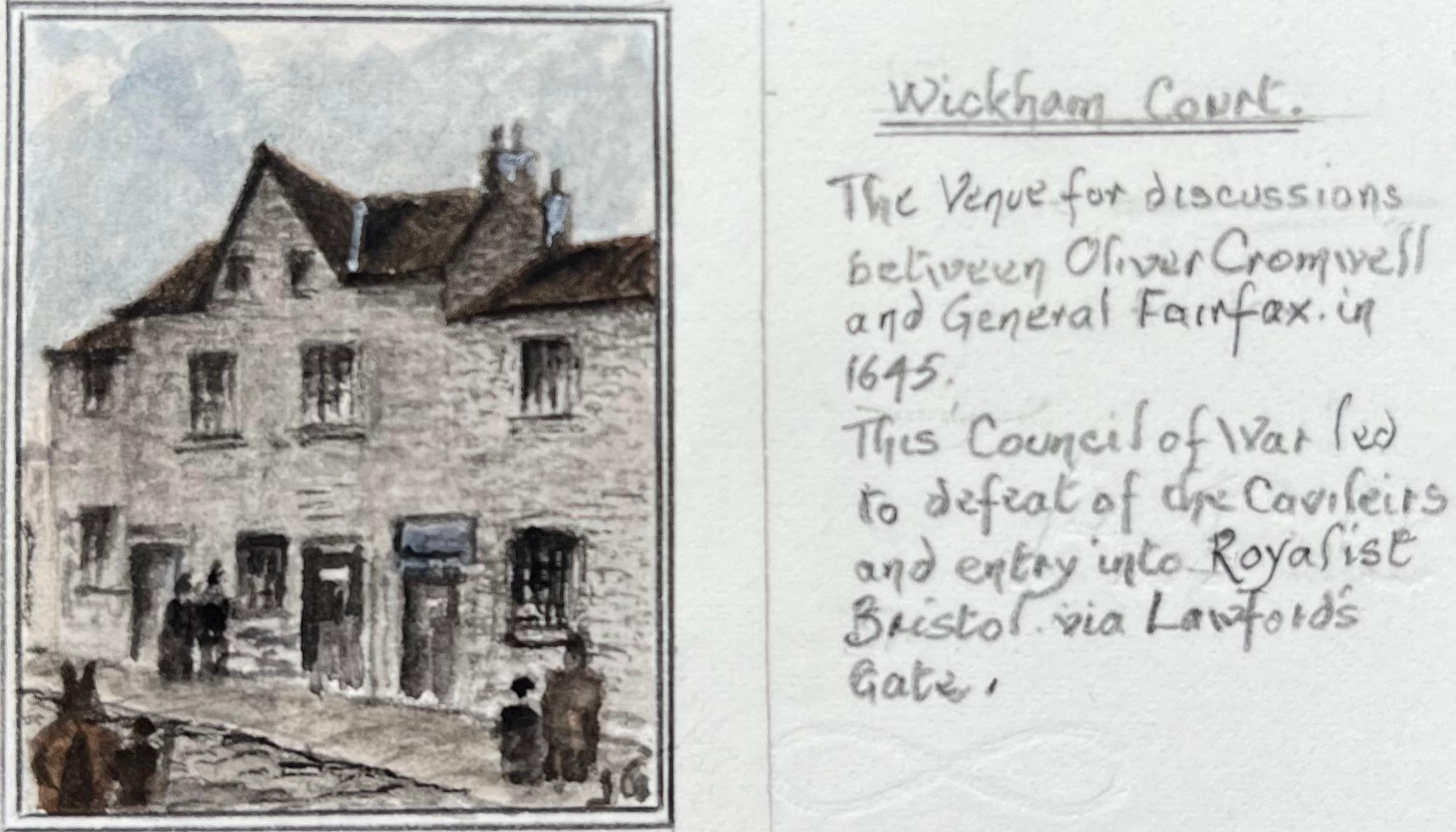 Jack Grunwell Landscape Painting - Historic Miniature Watercolor of Wickham Court Bristol 1645 Meeting Site