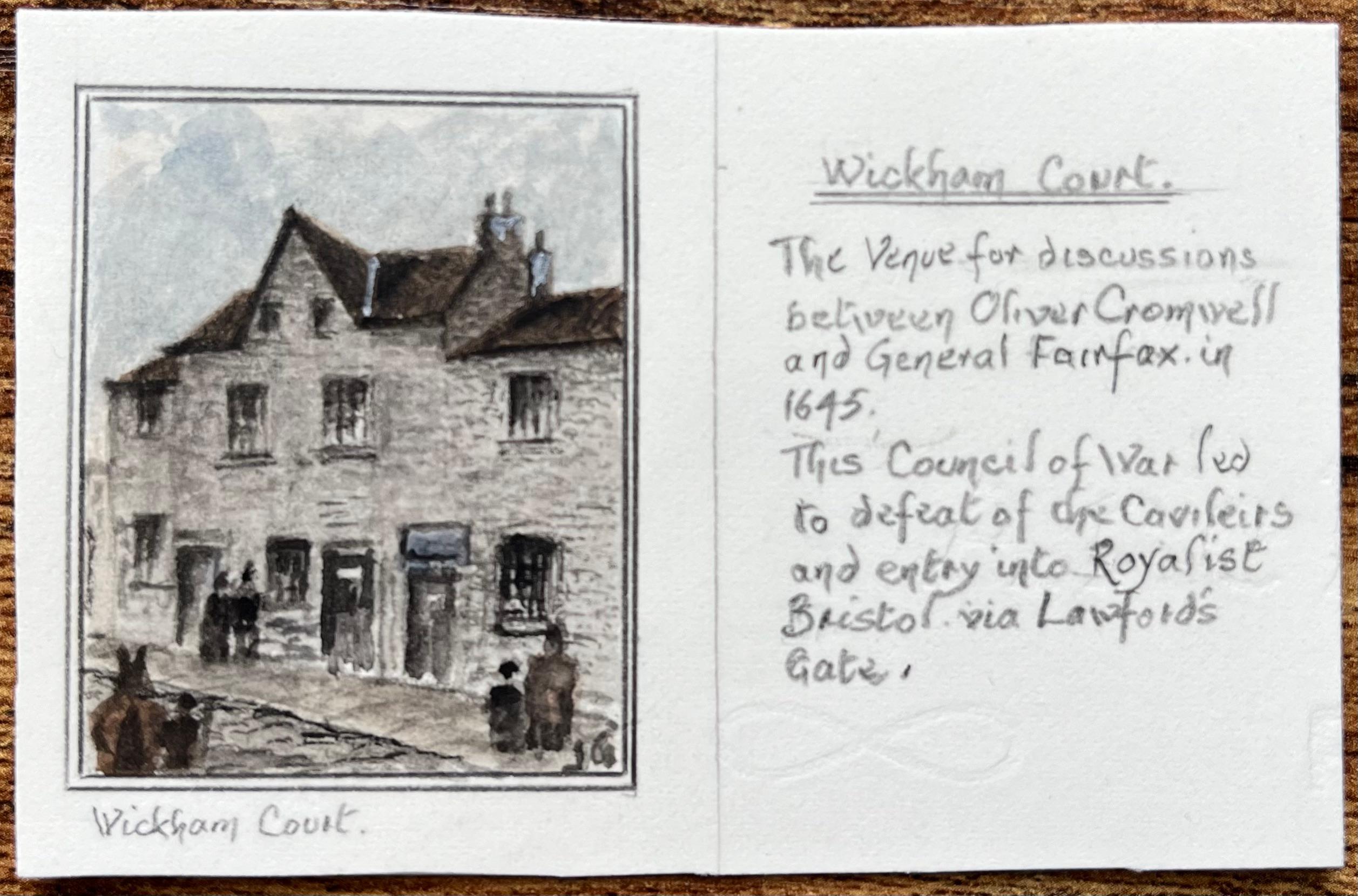 Historic Miniature Watercolor of Wickham Court Bristol 1645 Meeting Site - Painting by Jack Grunwell