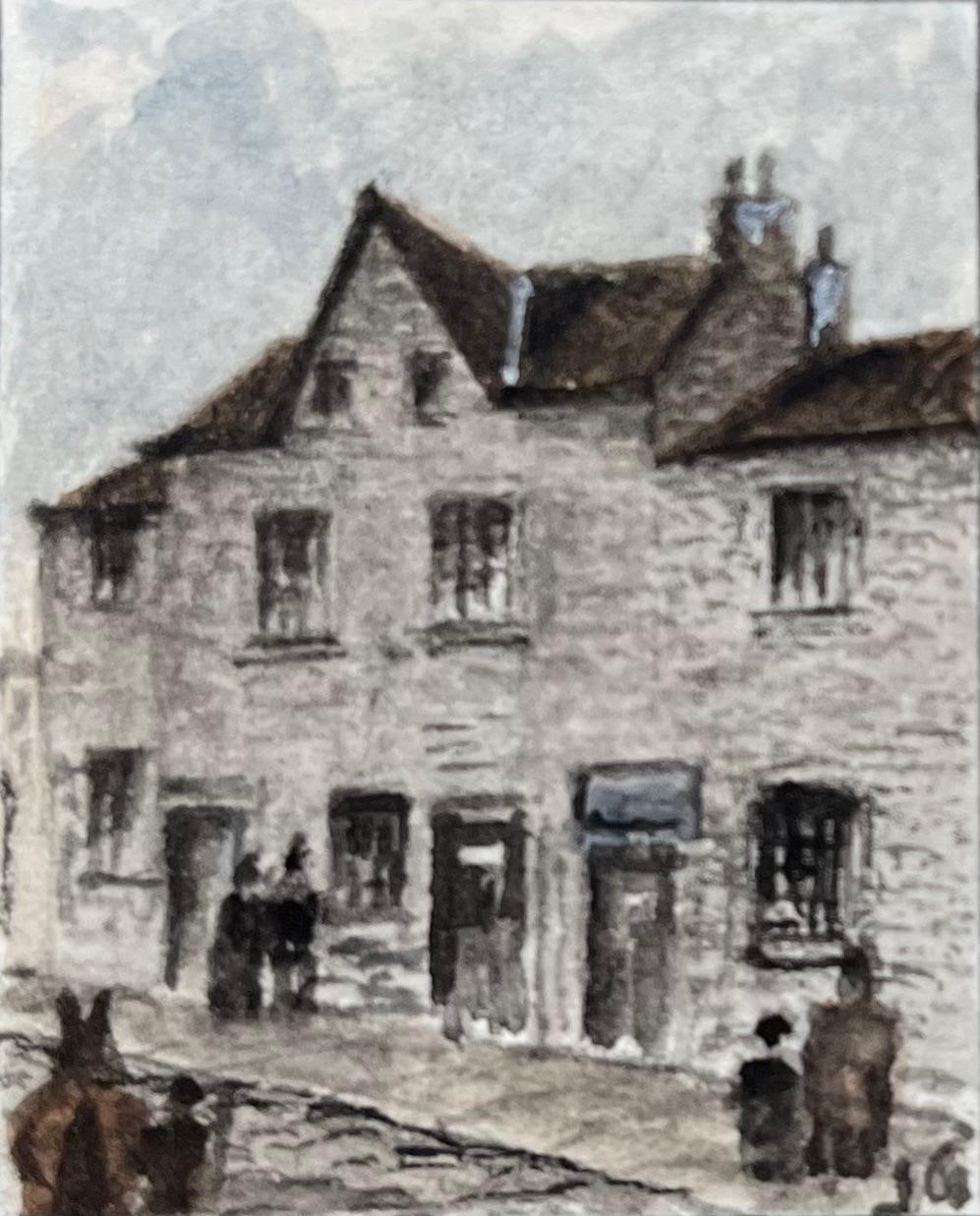 Historic Miniature Watercolor of Wickham Court Bristol 1645 Meeting Site - English School Painting by Jack Grunwell