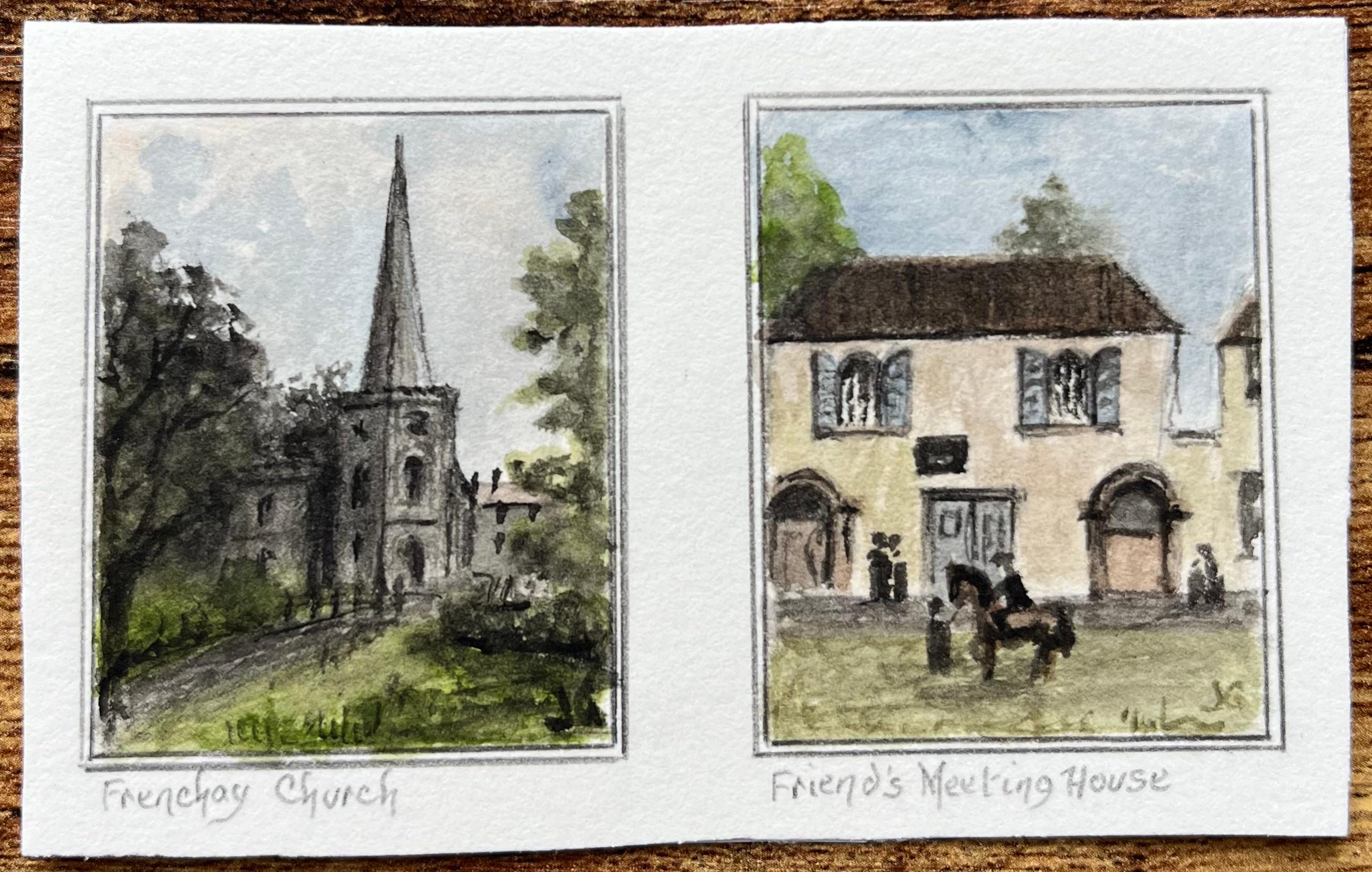 Ein Paar Miniatur-Aquarelle der Frenchay Church und des Friends Meeting House – Art von Jack Grunwell
