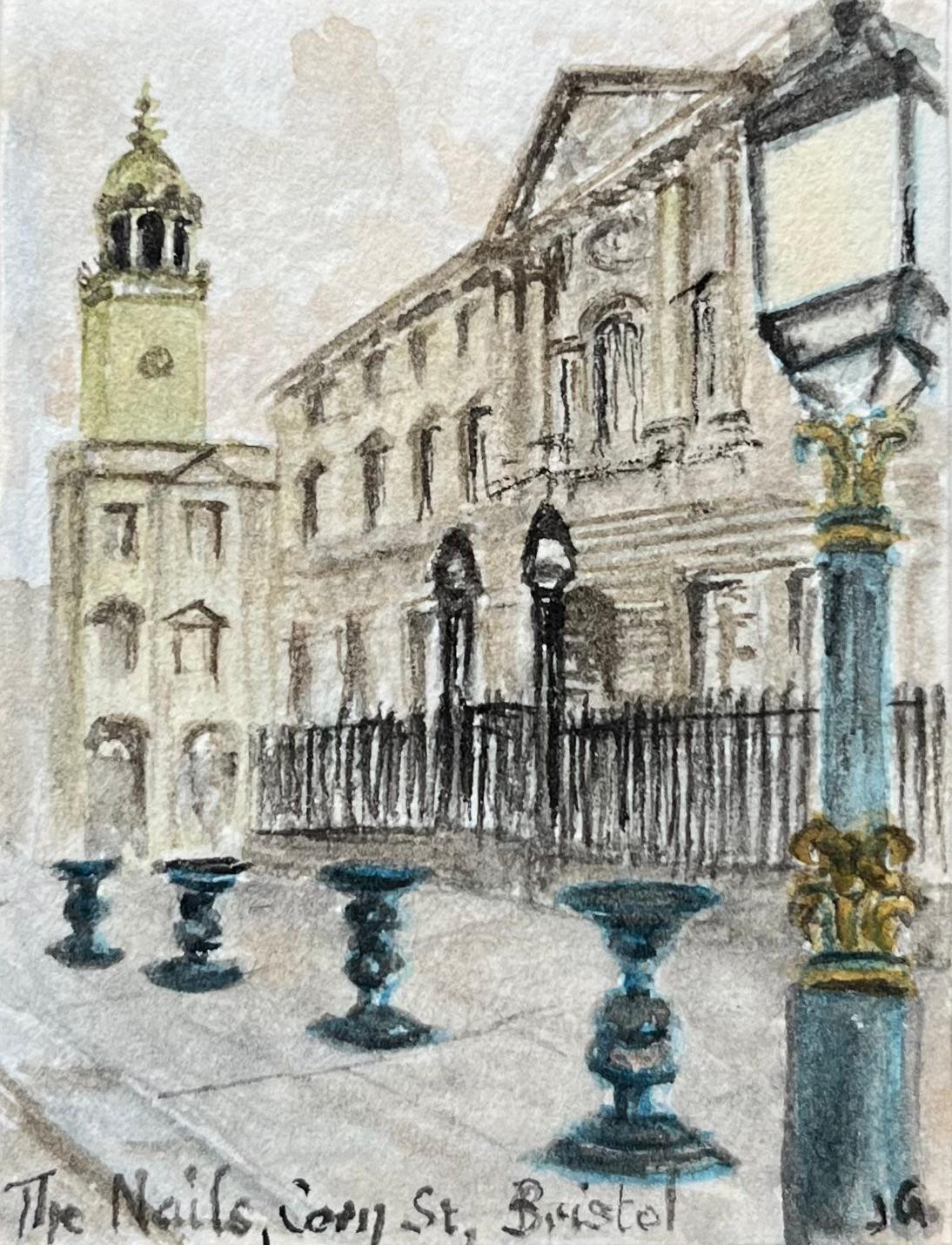Acquerello storico in miniatura di The Nails e Corn Street Exchange a Bristol