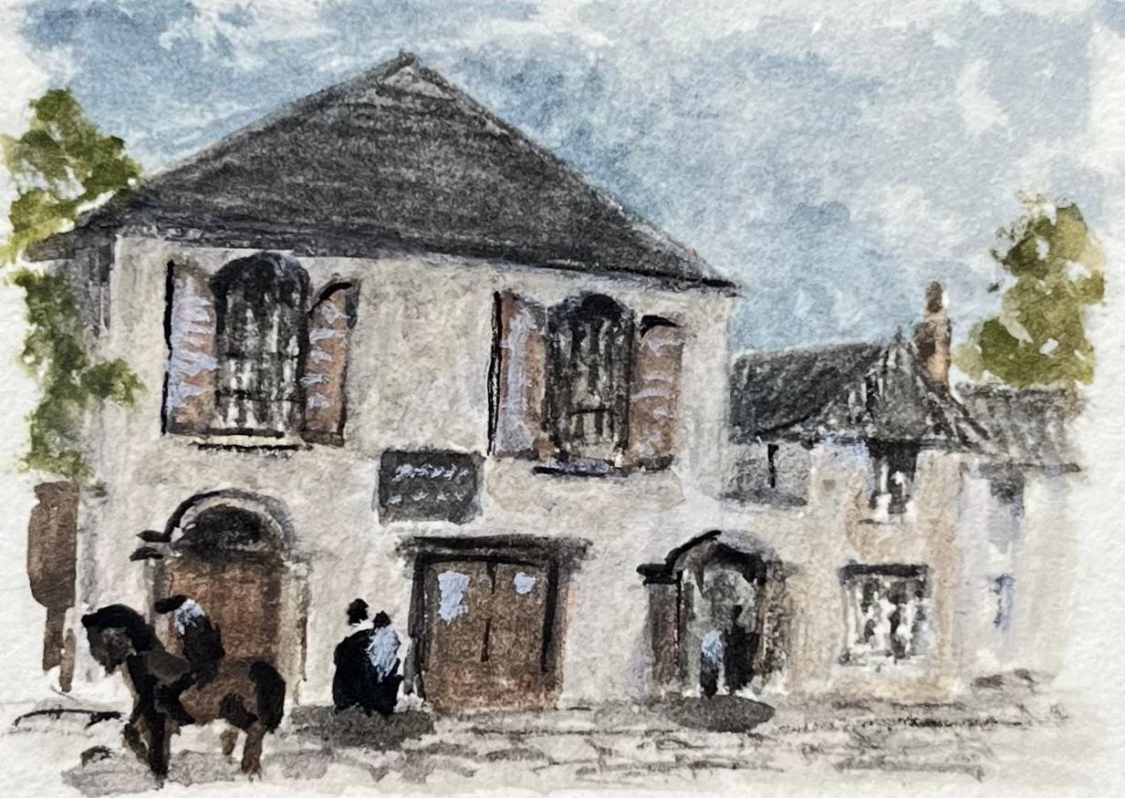 Jack Grunwell Landscape Art - Historic Miniature Watercolor of Quaker Meeting House in Frenchay