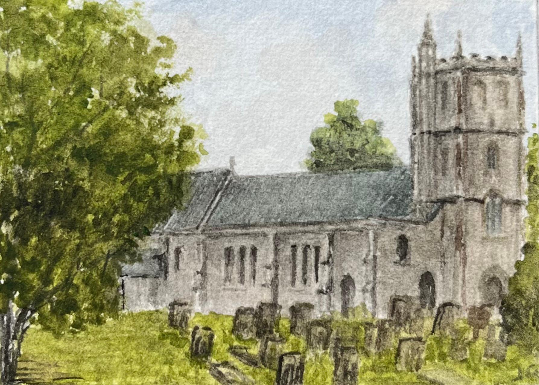 Jack Grunwell Landscape Painting - Historic Miniature Watercolor of English Country Church with Gravestones