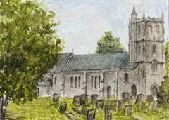 Acuarela histórica en miniatura de una iglesia rural inglesa con lápidas