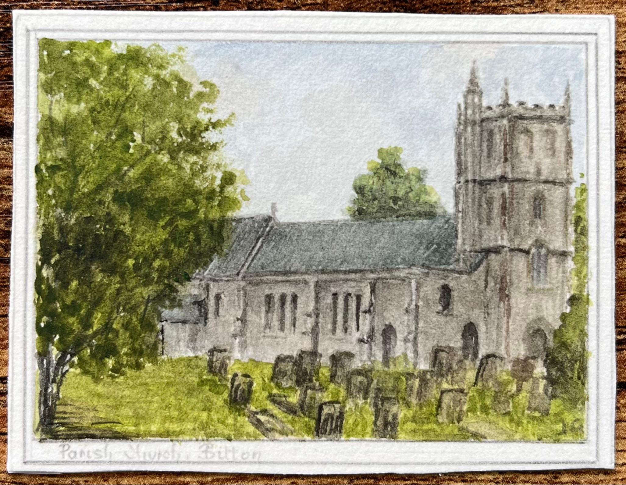 Historic Miniature Watercolor of English Country Church with Gravestones - Painting by Jack Grunwell
