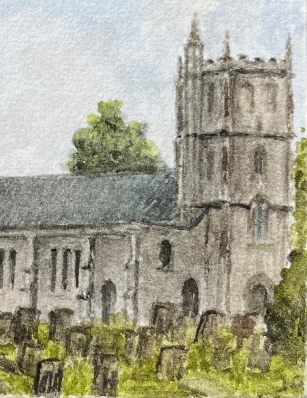 Historic Miniature Watercolor of English Country Church with Gravestones - English School Painting by Jack Grunwell