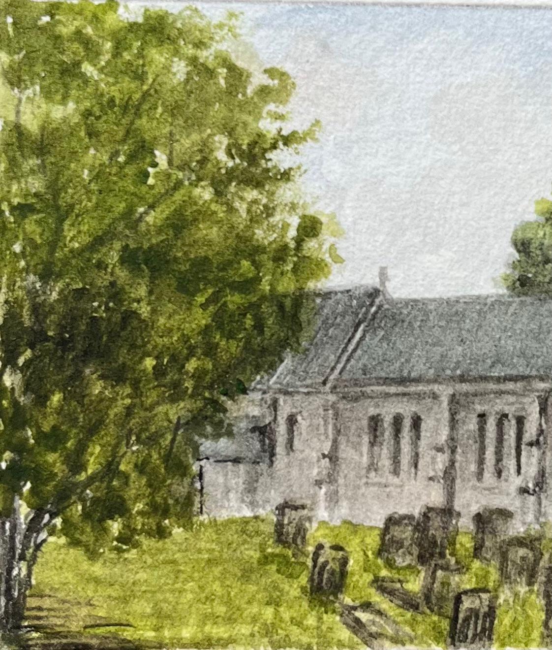 Historic Miniature Watercolor of English Country Church with Gravestones - Brown Landscape Painting by Jack Grunwell