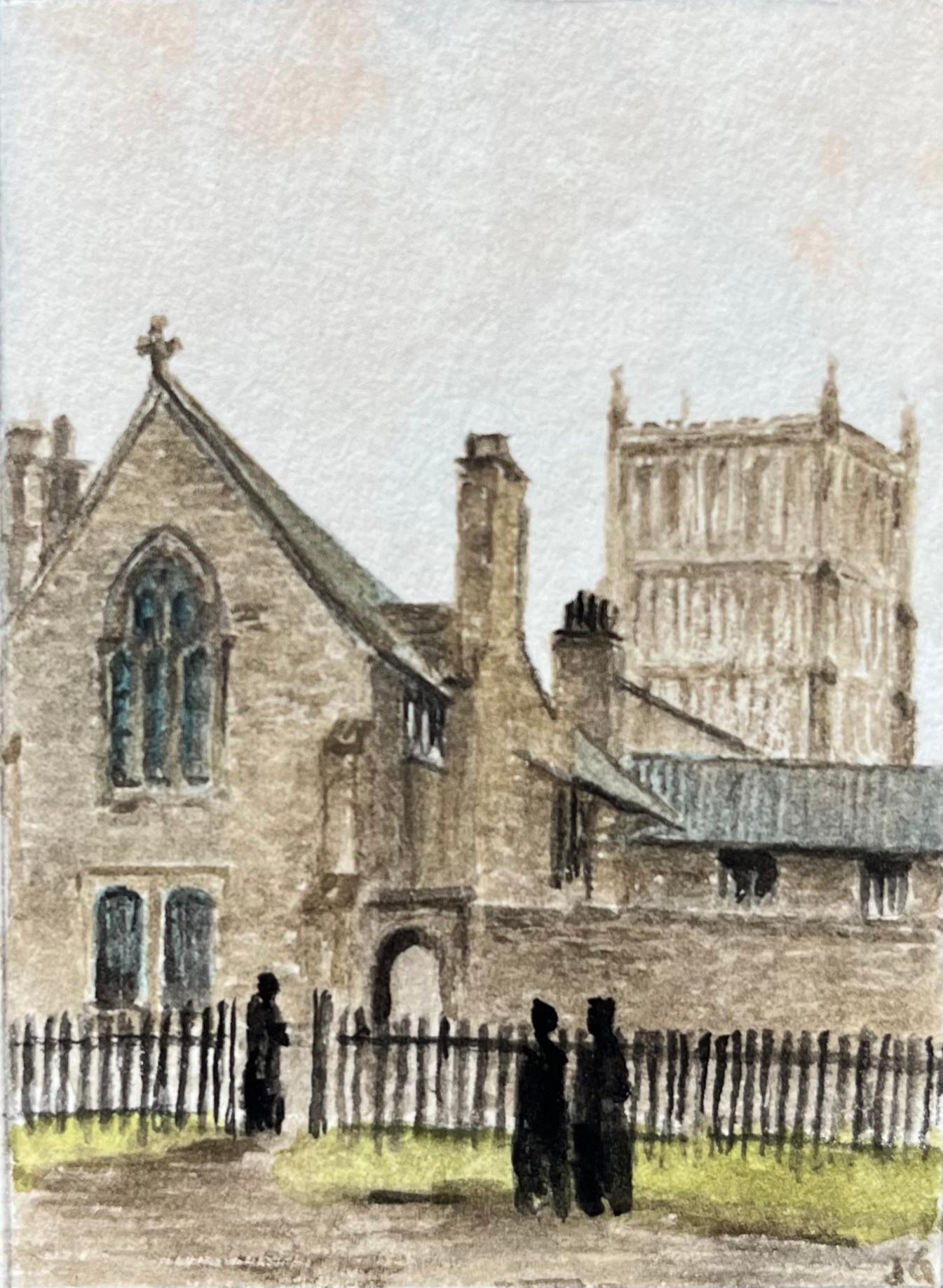 Jack Grunwell Landscape Art – Historisches Miniatur-Aquarell des Minster House und der Kathedrale von Bristol um 1833