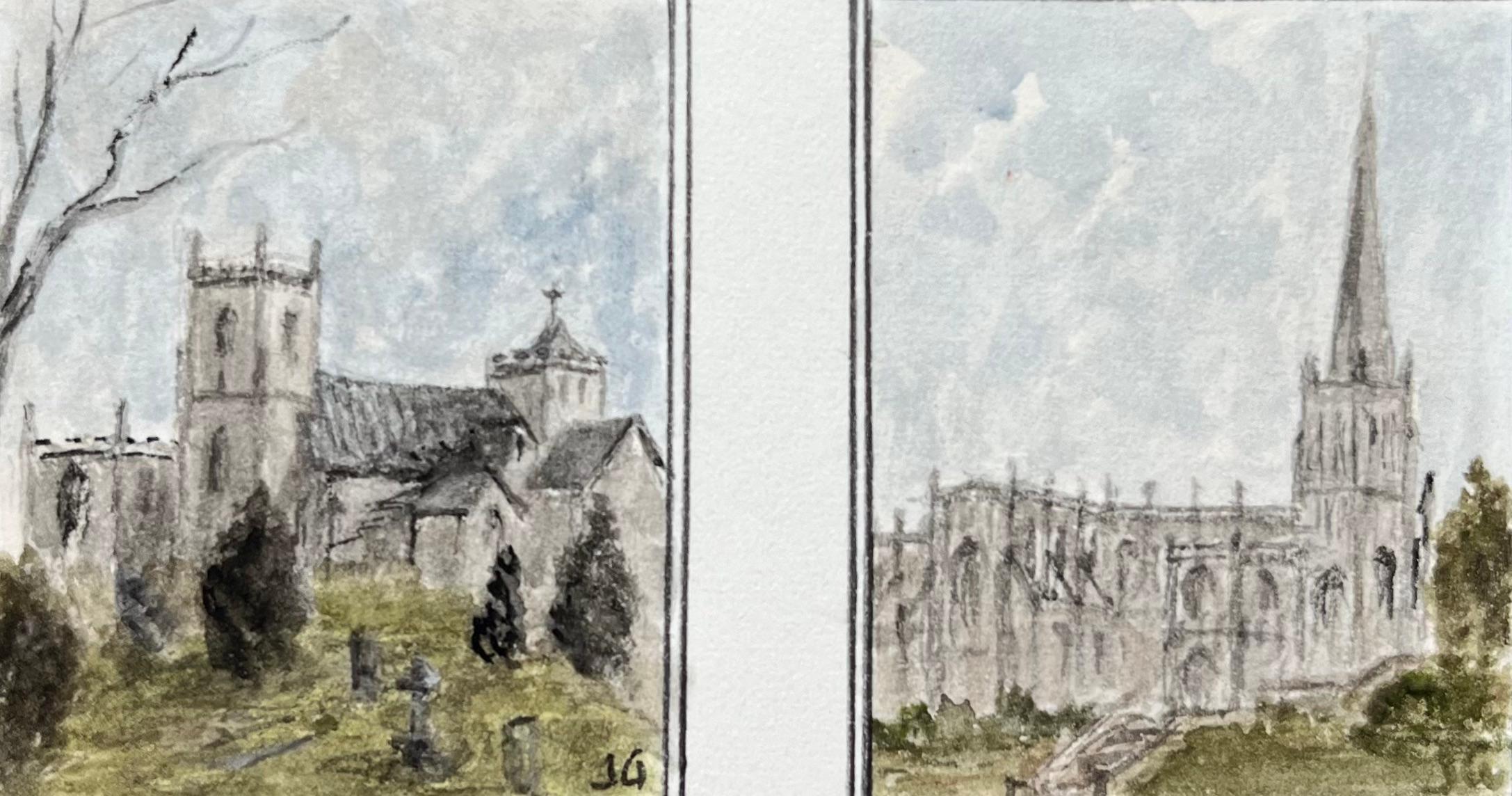 Jack Grunwell Landscape Art - Pair of Watercolors of St John the Baptist Horfield and St Mary Redcliffe Church