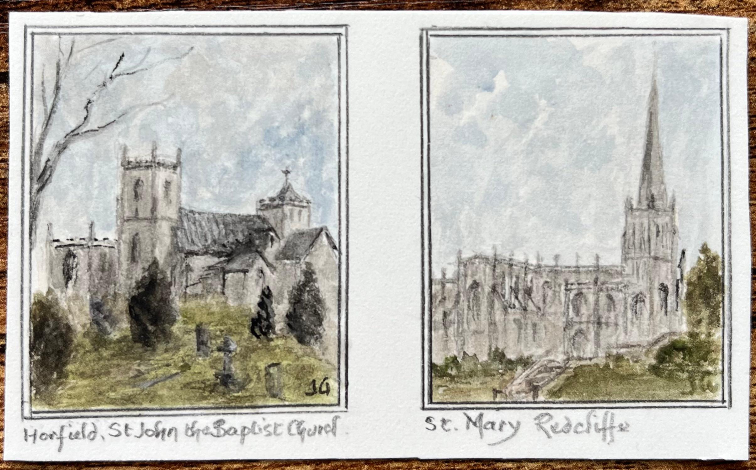 Pair of Watercolors of St John the Baptist Horfield and St Mary Redcliffe Church - Art by Jack Grunwell