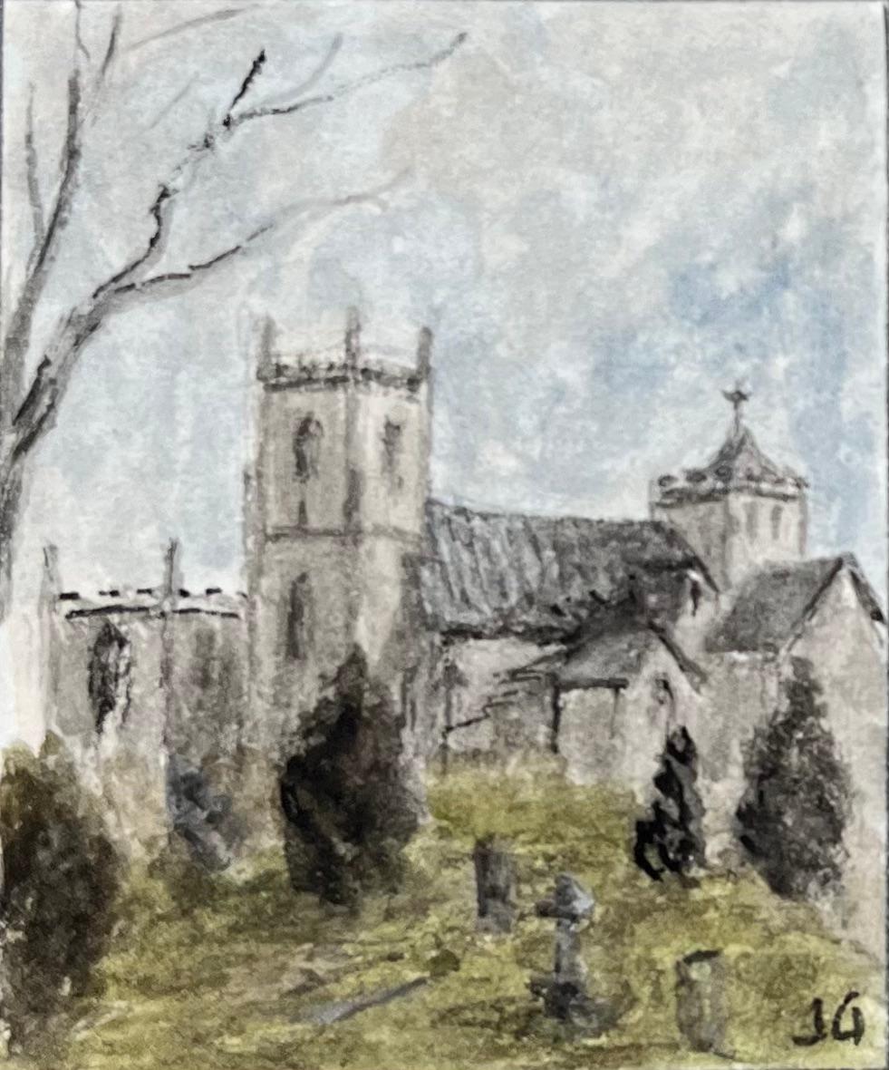 Pair of Watercolors of St John the Baptist Horfield and St Mary Redcliffe Church - English School Art by Jack Grunwell