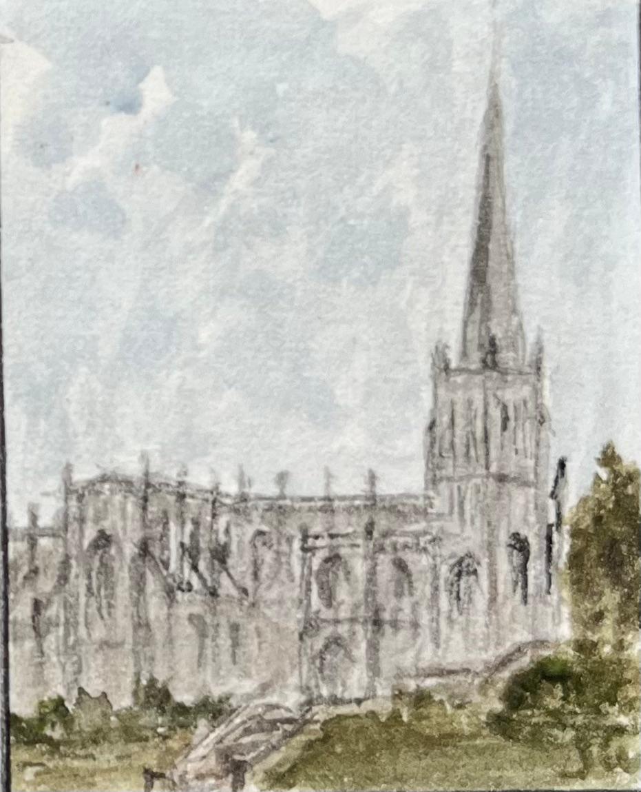 Pair of Watercolors of St John the Baptist Horfield and St Mary Redcliffe Church - Gray Landscape Art by Jack Grunwell