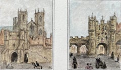 Pareja de acuarelas de escenas de la ciudad de York de Bootham Bar y Micklegate Bar