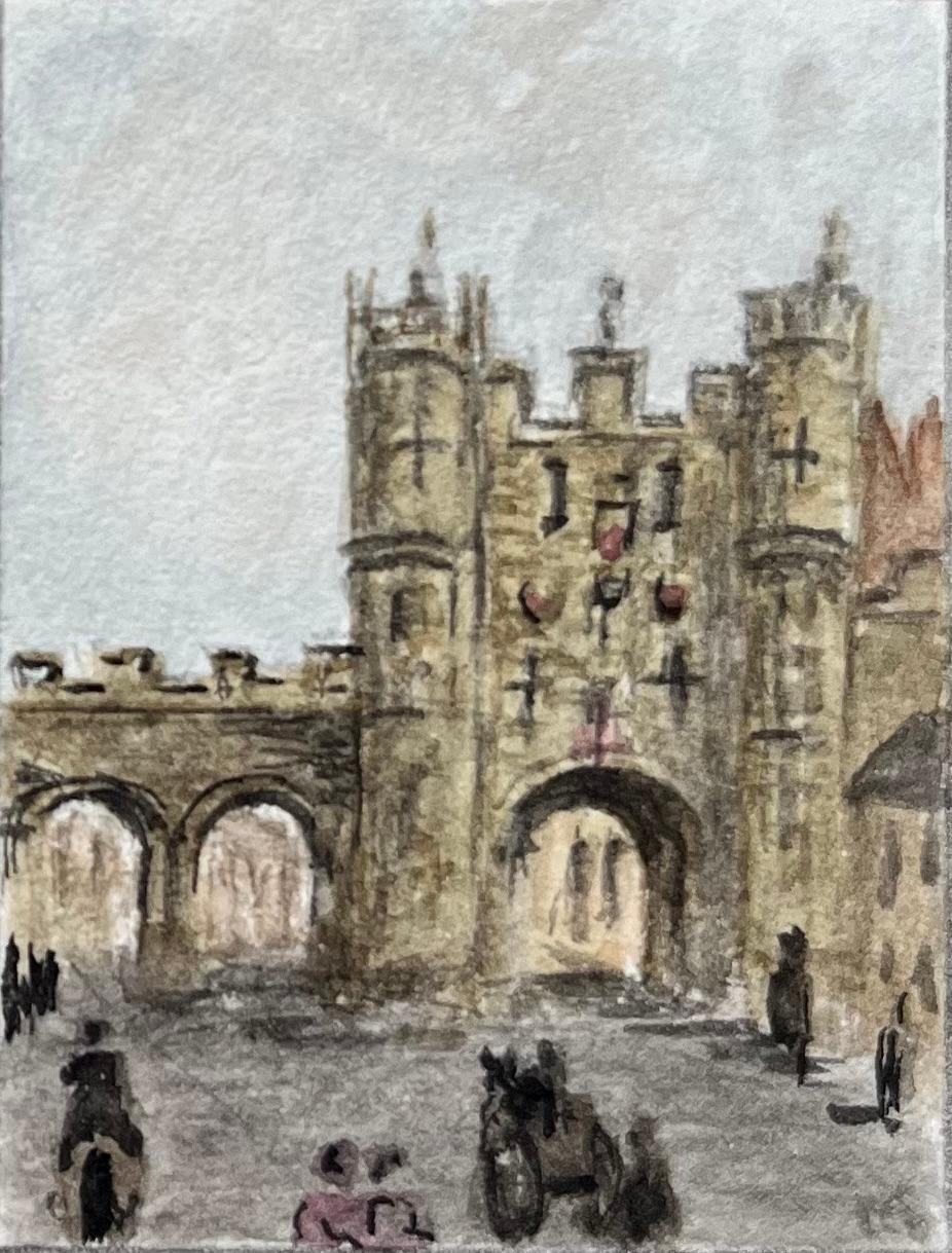 Coppia di acquerelli di scene di Bootham Bar e Micklegate Bar York City - Landscape Art Grigio di Jack Grunwell