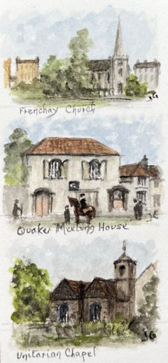Trio of Watercolors of Frenchay Church Quaker Meeting House and Unitarian Chapel