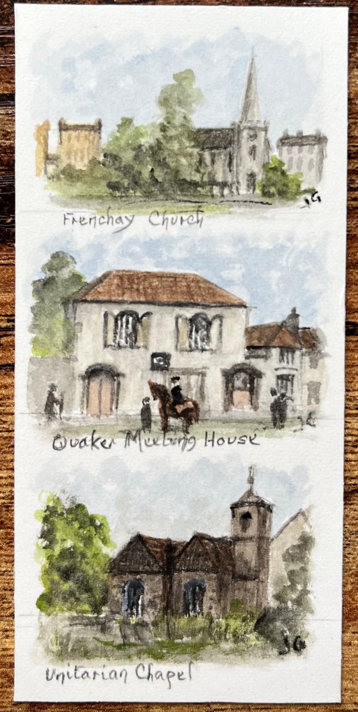 Trio of Watercolors of Frenchay Church Quaker Meeting House and Unitarian Chapel - Painting by Jack Grunwell