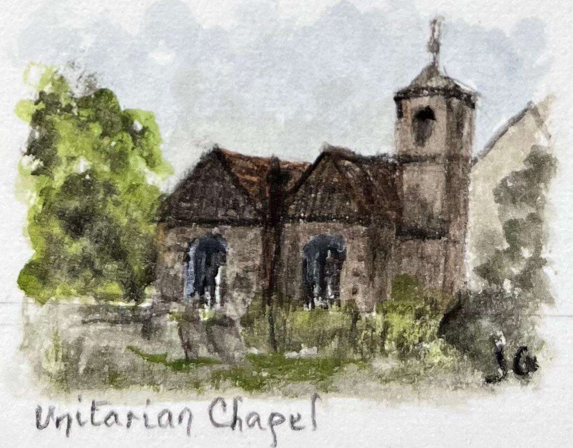 Title: Trio of Watercolors of Frenchay Church Quaker Meeting House and Unitarian Chapel
by Jack Grunwell, 20th century British artist 
Medium: Watercolor on thin card, unframed
Measurements: 4.25 inches (height) x 2 inches (width)
Condition: Very