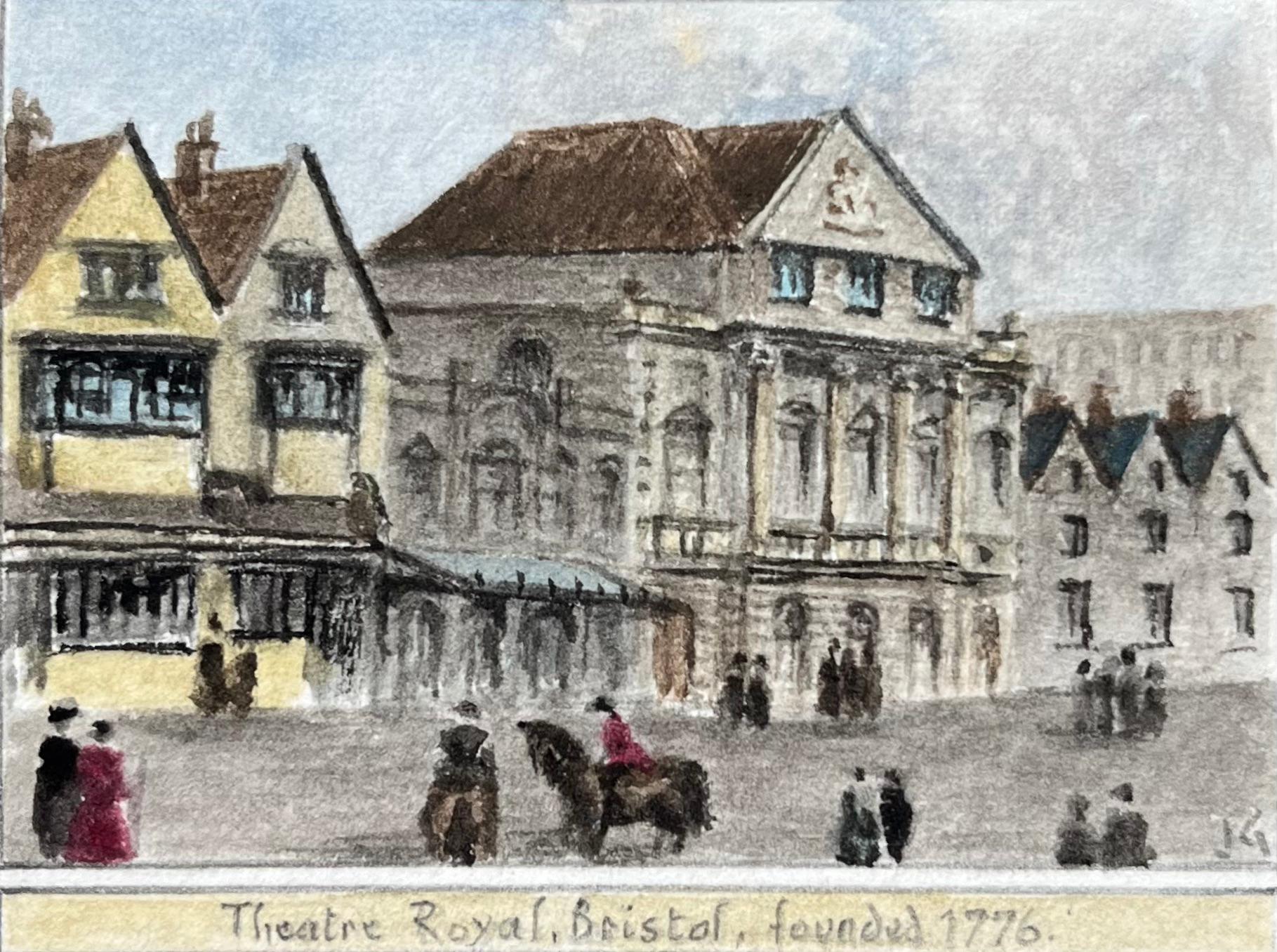 Landscape Painting Jack Grunwell - Aquarelle miniature historique du Theatre Royal Bristol fondé en 1776