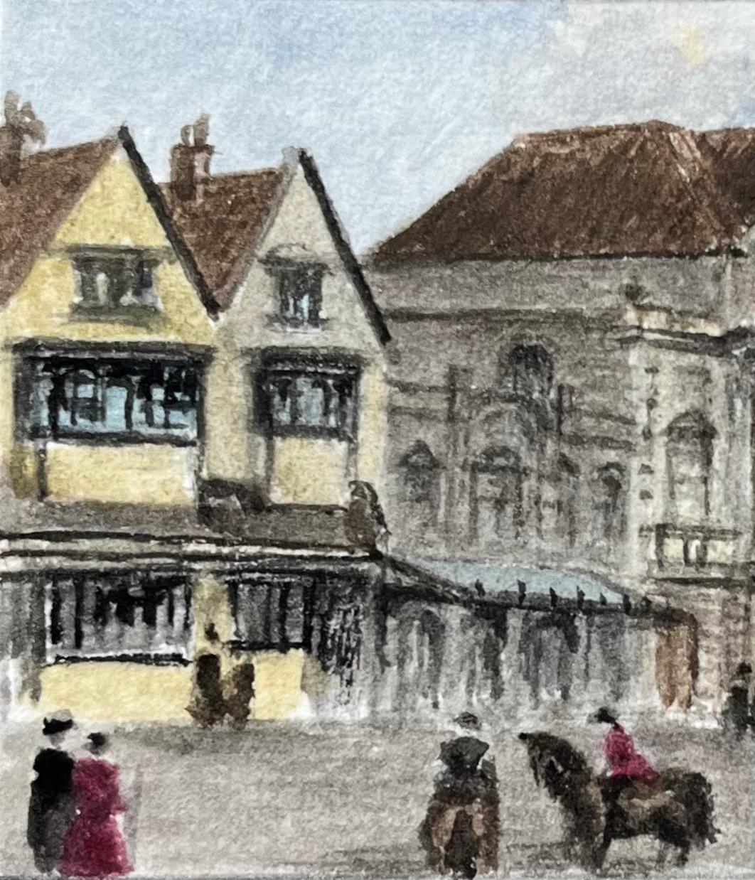 Aquarelle miniature historique du Theatre Royal Bristol fondé en 1776 - Gris Landscape Painting par Jack Grunwell