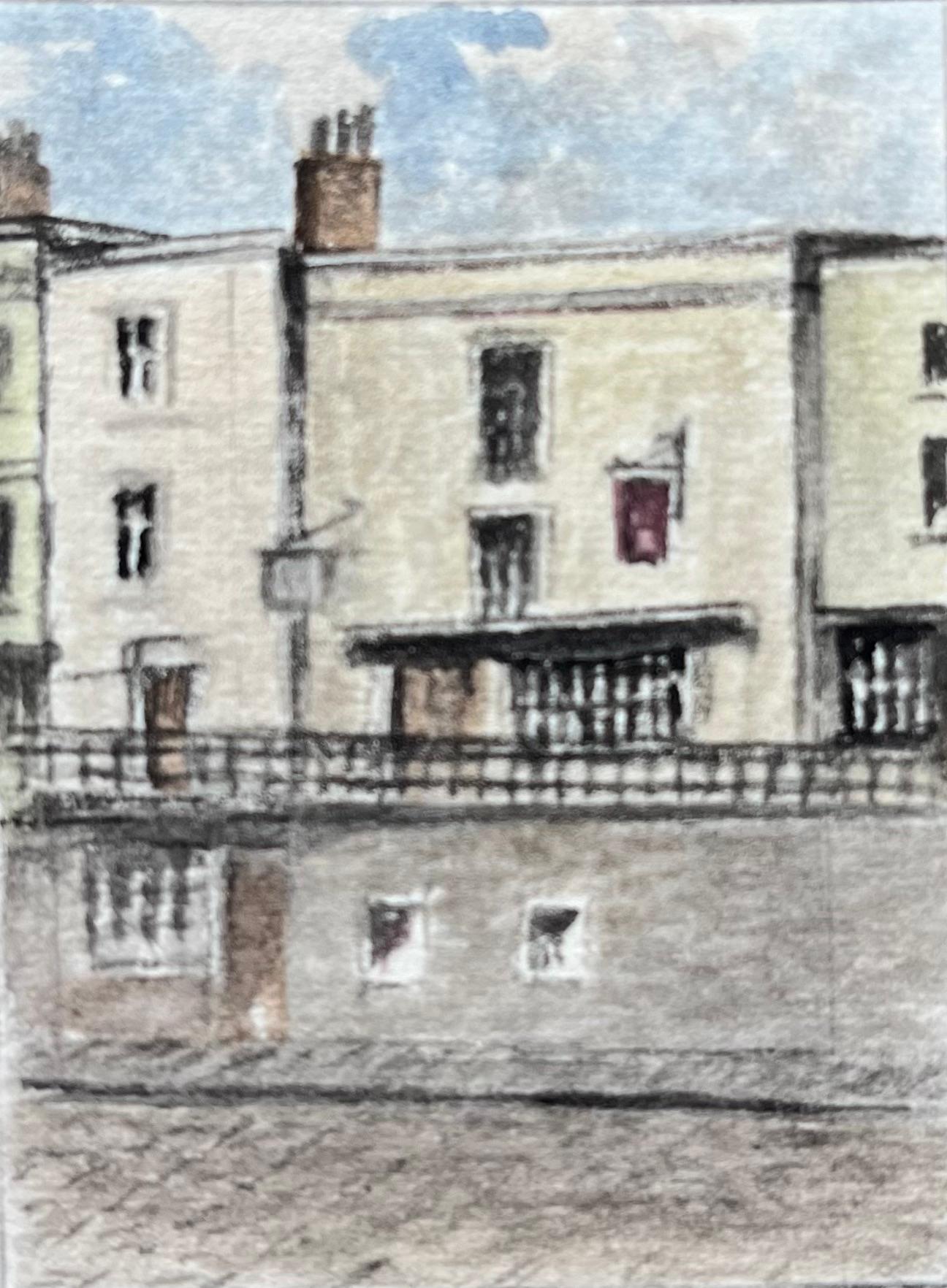 Jack Grunwell Landscape Painting – Historische Miniatur Aquarell von Portcullis Inn Pub Szene