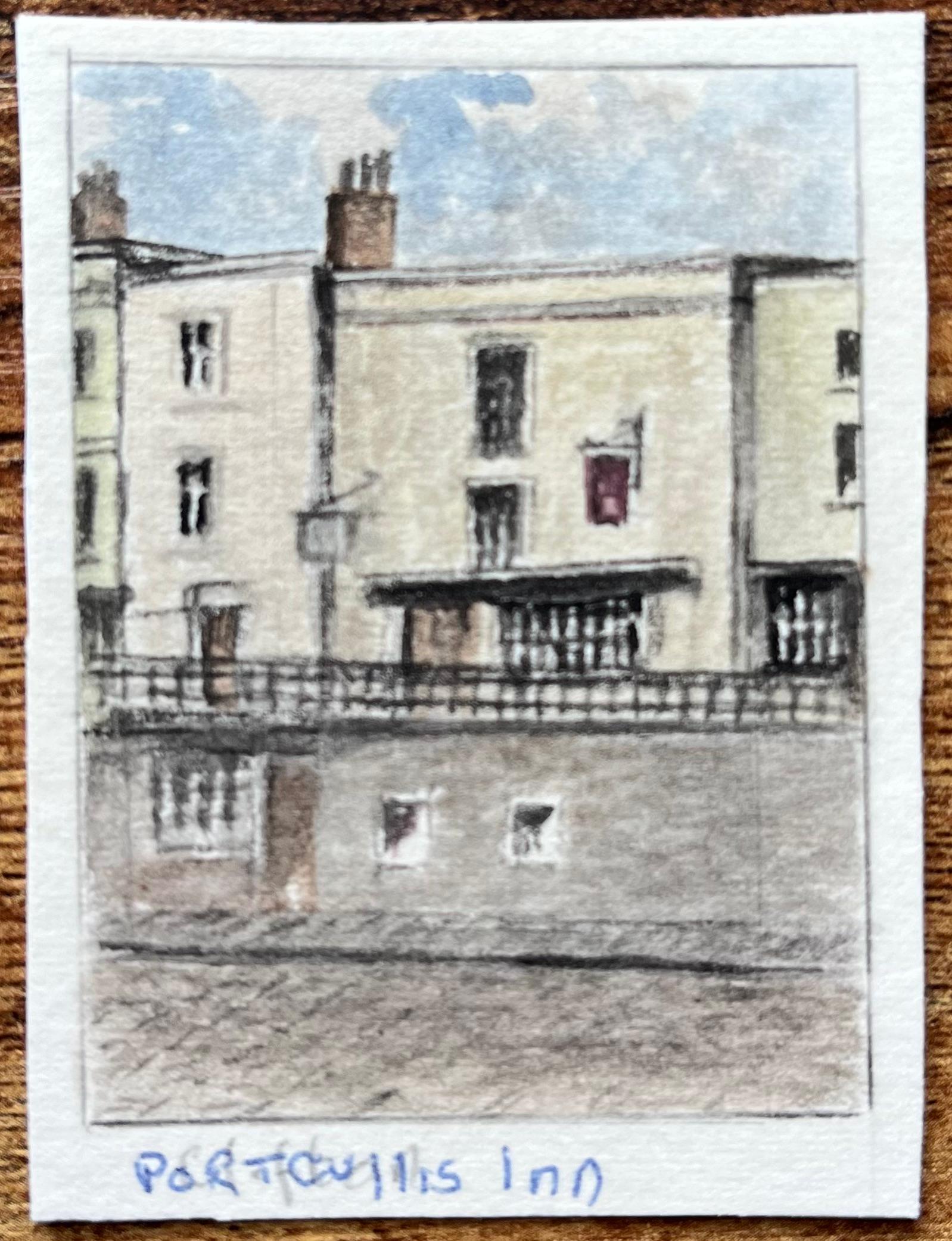 Historische Miniatur Aquarell von Portcullis Inn Pub Szene – Painting von Jack Grunwell