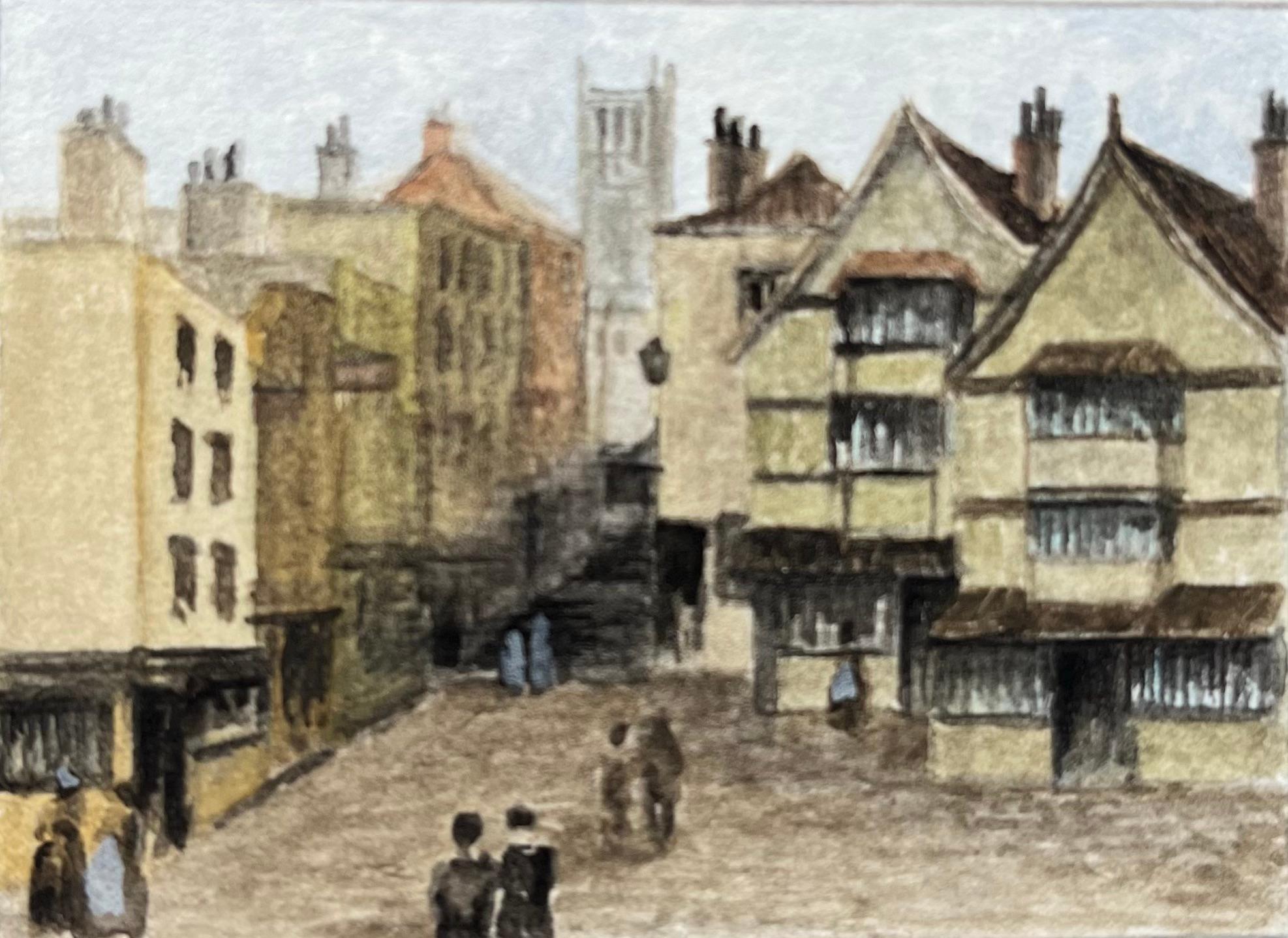 Jack Grunwell Landscape Art - Historic Miniature Watercolor of Street Scene on the Christmas Steps in Bristol
