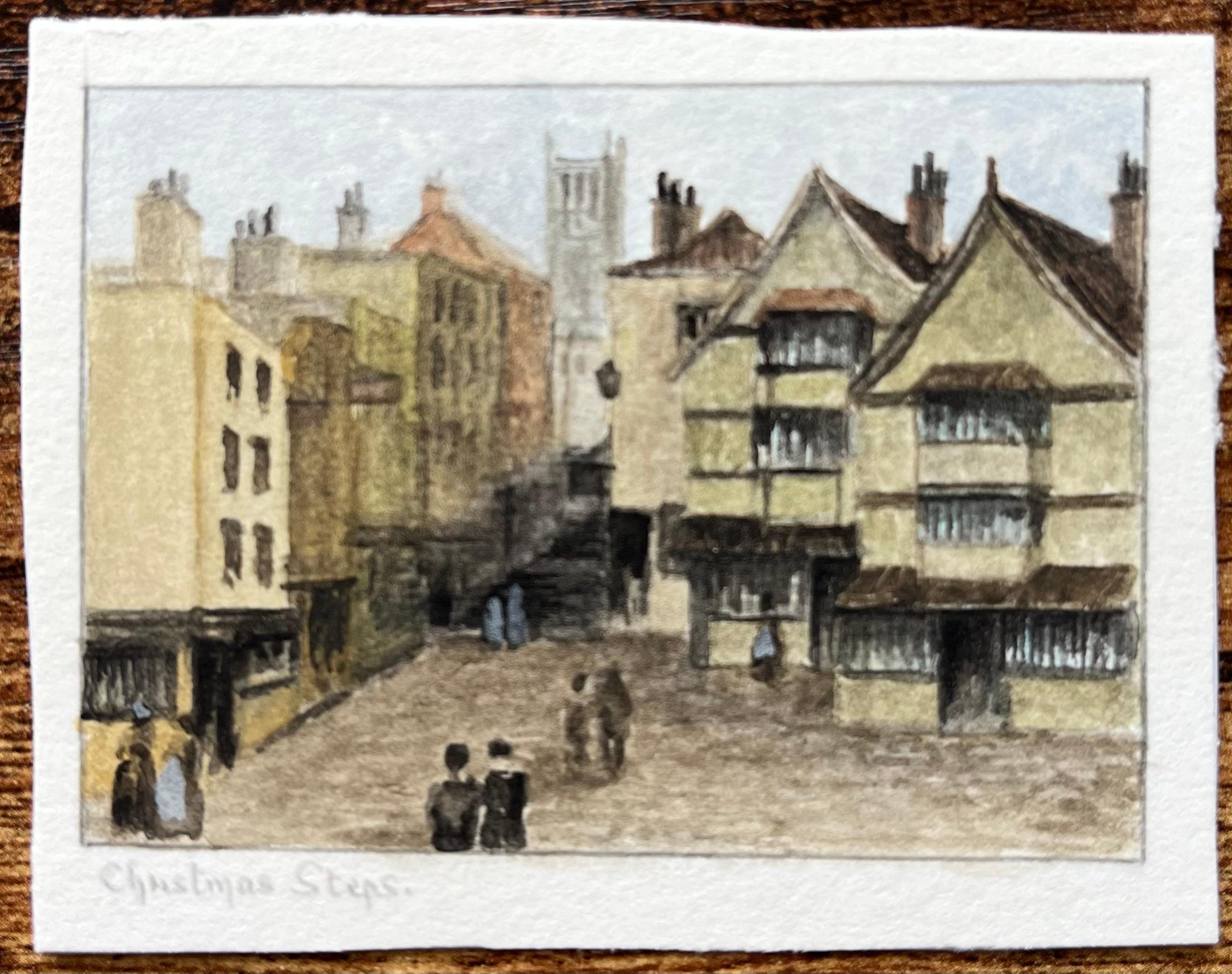 Historic Miniature Watercolor of Street Scene on the Christmas Steps in Bristol - Art by Jack Grunwell