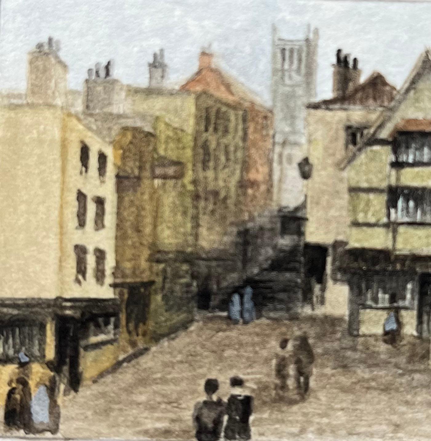 Historic Miniature Watercolor of Street Scene on the Christmas Steps in Bristol - Brown Landscape Art by Jack Grunwell
