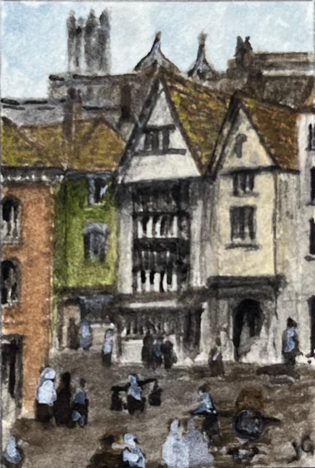 Landscape Art di Jack Grunwell - Acquerello storico in miniatura di Christmas Steps e St Bartholomew's Hospital